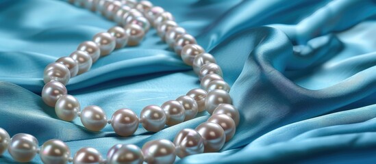 Aufkleber - A pearl necklace displayed on a blue silk background with ample copy space image