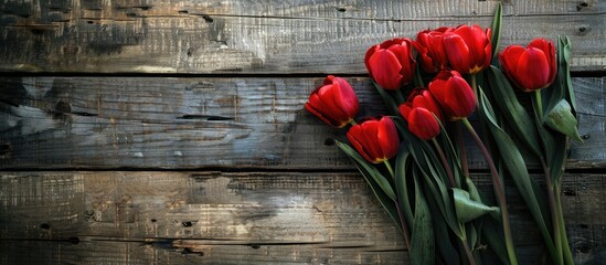 Poster - Red tulips resting on a vintage wooden surface provide a lovely composition in a rustic setting perfect for a copy space image