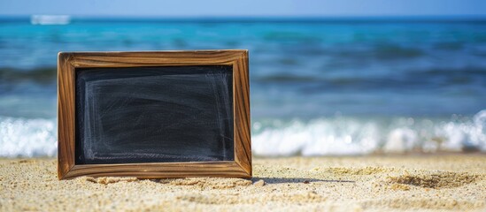 Fototapete - Empty chalkboard on the sandy shore with copy space image