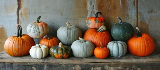 Poster - Various pumpkins displayed on a wooden table ideal for a copy space image