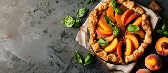 Aufkleber - Light background with a serving board featuring pieces of delicious peach galette creating potential copy space image