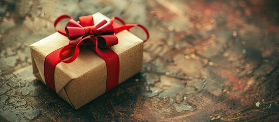 Fototapete - Vintage toned photo of a gift box with a red bow on a rustic table with copy space image