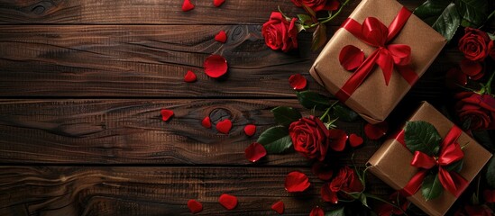 Sticker - Valentine themed image with a gift box roses on wood and room for text in the picture. Creative banner. Copyspace image