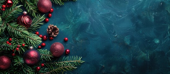 Poster - Festive Christmas themed copy space image featuring fir branches and ornaments