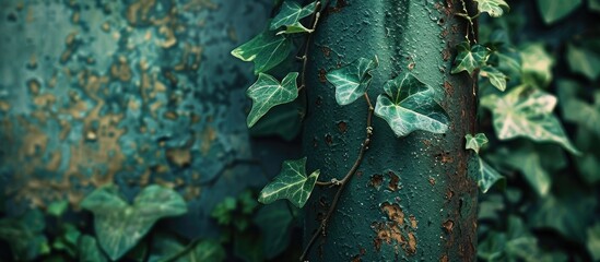 Wall Mural - green ivy intertwined along a worn iron pole in a charming scene with copy space image potential