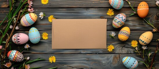 Fototapete - Top view of a wooden table with an Easter greeting card surrounded by colorful Easter eggs perfect for your own message with copy space image