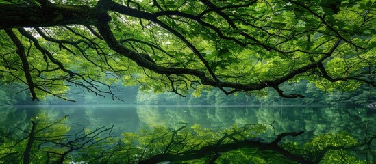 Poster - Luxuriant tree branches with green foliage cascading above the mirrored water below creating a tranquil scene with copy space image