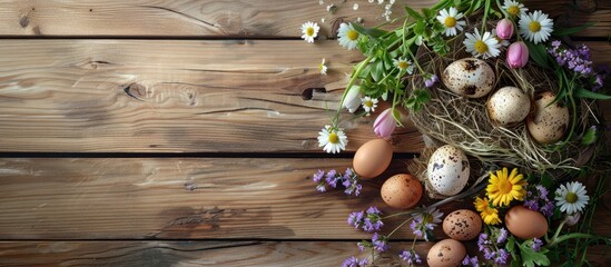 Fototapete - Easter themed arrangement of flowers and chicken eggs on a wooden background with copy space image available