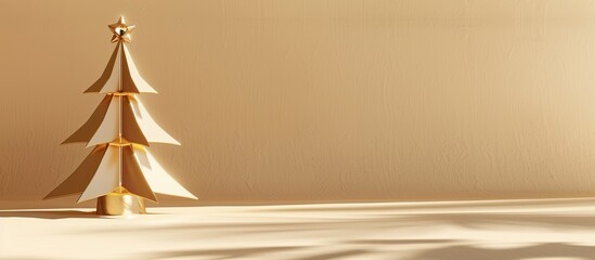 Fototapete - Gold Christmas tree casting hard shadows on a beige backdrop embodying a trendy minimalist geometric style with copy space image