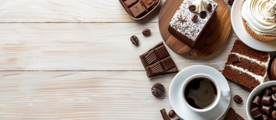 Poster - A wooden table setting displaying coffee cake dessert and chocolate with a clean white backdrop for potential use as a copy space image