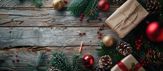 Poster - Festive holiday arrangement with gifts evergreen branches and ornaments on a rustic wooden backdrop Represents Christmas winter and New Year festivities Overhead view with ample space for text or ima