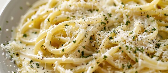 Canvas Print - Garlic cream sauce coated spaghetti topped with herbs parmesan cheese and available copy space image