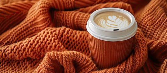 Aufkleber - Takeaway coffee cup on an orange knit blanket with a top view for a flat lay image. Creative banner. Copyspace image