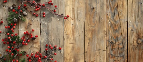 Poster - Wooden boards serve as the backdrop for a Christmas theme with a prominent copy space image