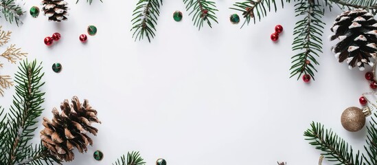 Sticker - Top view flatlay of a Christmas themed background featuring fir tree branches pine cones and decorations on a white surface with spacious copy space image