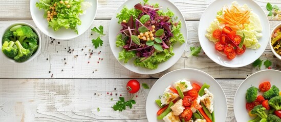 Aufkleber - A table set with plates of delicious food and bowls of fresh salad creating an appealing copy space image