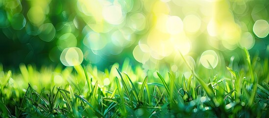 Fototapete - A wide format close up outdoors image of vibrant green meadow grass in spring or summer It showcases nature s freshness with copy space and an abstract bokeh background