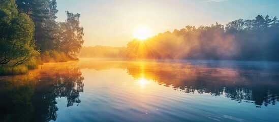 Poster - Sunrise reflecting on a lake in a nature landscape with room for additional information or text in the image