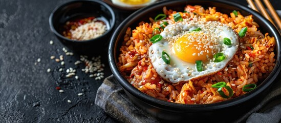 Aufkleber - Korean kimchi fried rice with white sesame is a popular dish made from fried rice and kimchi as shown in the copy space image