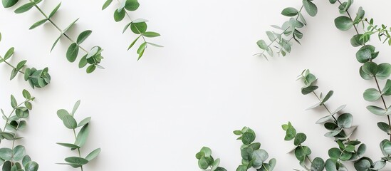 Poster - Green Eucalyptus leaves and branches in a corner frame a white background in a feminine styled stock flat lay copy space image