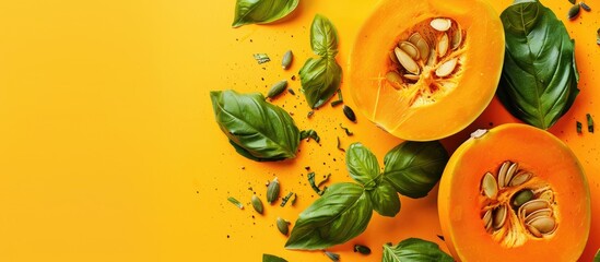 Wall Mural - Top view of a pumpkin and basil salad on a yellow backdrop with space for text or image insertion. Creative banner. Copyspace image