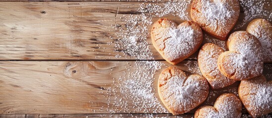 Aufkleber - Heart shaped cookies dusted with powdered sugar rest on a wooden table in a top view composition providing ample copy space for additional content