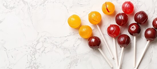 Poster - A minimalistic style image featuring colorful tasty caramel lollipops on a light background with copy space Displaying selective focus
