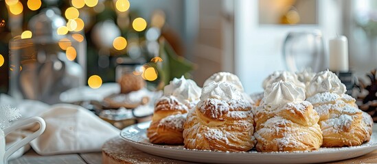 Poster - Holiday vibes captured in a modern kitchen setting with a delectable display of homemade profiteroles with cream on a table perfect for a copy space image