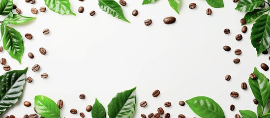 Wall Mural - Summer themed frame with coffee beans and tea leaves on a white background offering copy space image from a top down perspective