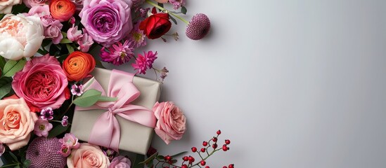 Poster - A lovely arrangement of flowers accompanied by a gift in a copy space image