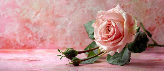 Aufkleber - Valentine s Day setting features a lovely pink rose buds and a pink backdrop with room for additional content in the image