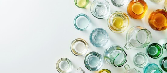 Aufkleber - White background top view with copy space image displaying bottles and glasses filled with drinking water