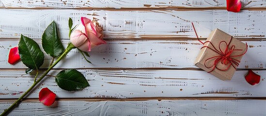 Aufkleber - Love and Valentine s concept depicted in an image showing a red and pink rose with a gift box on a white wooden background with copy space image available
