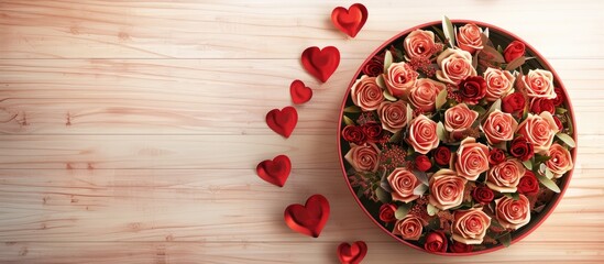 Poster - A round box filled with flowers placed on a light wooden surface with Happy Valentine s Day written on it ideal for a copy space image