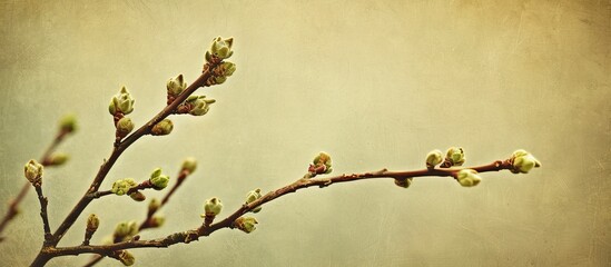 Poster - Image of a tree branch in spring with fresh green buds against a simple background with ample copy space rendered in a warm and vintage style with a hint of film grain