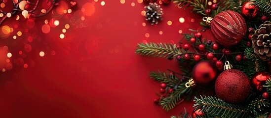 Aufkleber - Red background with festive decorations fir branches and bokeh ideal for Winter holidays like Christmas and New Year Top view flat lay with a perfect copy space image for a Happy New Year message