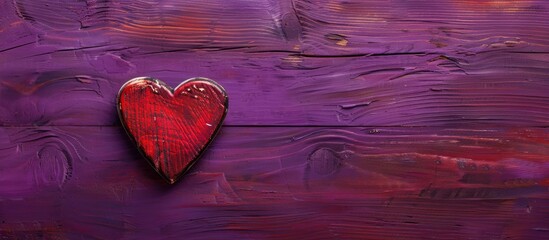 Poster - Vintage purple backdrop with a wooden red heart offering a charming copy space image