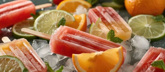 Poster - Homemade sorbet popsicles bursting with citrus flavor with copy space image
