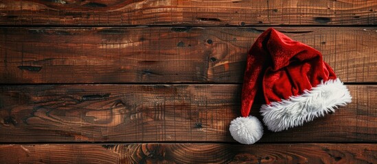 Wall Mural - Top view of Santa Claus s red hat on a wooden backdrop with copy space image