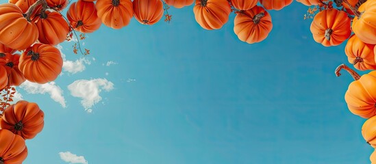 Poster - Orange pumpkins form an arch under a blue sky with space for additional content in the image