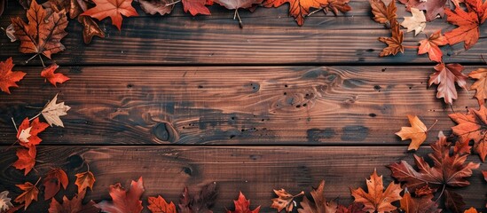 Poster - Top down view of a rustic wooden table adorned with vibrant fall leaves perfect for Thanksgiving or autumn themed compositions with plenty of room for text or images. Creative banner. Copyspace image