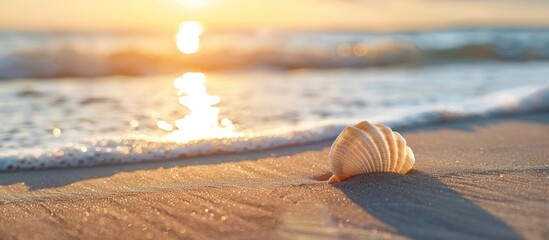 Aufkleber - Seashell on sandy beach with waves and sunlight in background Creative set up for text Reflects vacation idea Copy space image