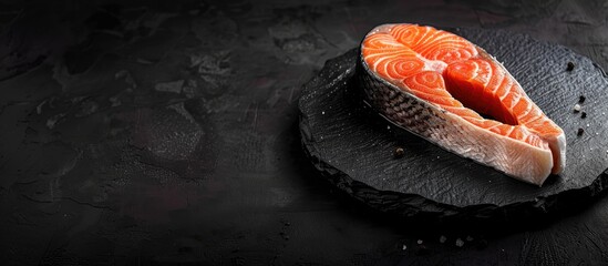 Poster - A fresh raw salmon steak displayed on a dark background ideal for cooking or grilling creating a striking image with available copy space