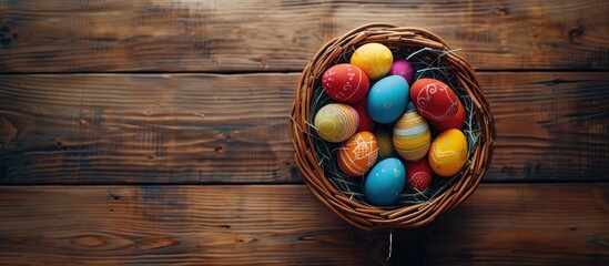 Fototapete - Flat lay with a wicker basket holding colorful Easter eggs on a wooden table leaving room for text in the image. Creative banner. Copyspace image