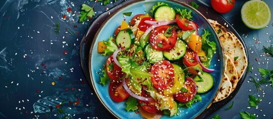 Aufkleber - Plate of vegetable salad with cheese pepper zucchini tomatoes onions lettuce and lavash bits topped with sesame seeds against an ornamental backdrop in a copy space image