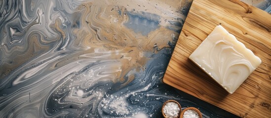 Sticker - Handcrafted organic soap on wooden surface with marble pattern and copy space image