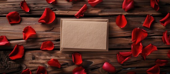 Fototapete - Wooden background with a gift card and red rose petals suitable for events like birthdays Valentine s Day or Mother s Day with an empty space for adding an image. Creative banner. Copyspace image