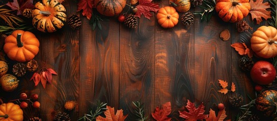 Poster - Top view of a wooden table adorned with autumn pumpkins fruits and fall leaves creating a Thanksgiving themed setting with ample copy space image