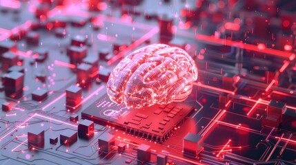 Poster - A glowing brain model on a circuit board with red lighting.