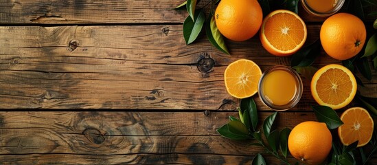 Poster - Orange juice with copy space image on wooden table over rustic background